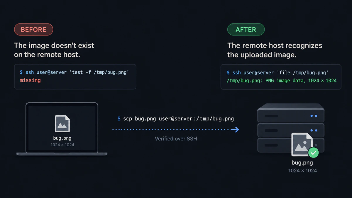 Diagram: a local image becomes readable on the remote host after scp.